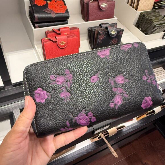 Coach Long Zip Around Wallet With Floral Print CCL36 Black/Purple - Picture 2 of 4